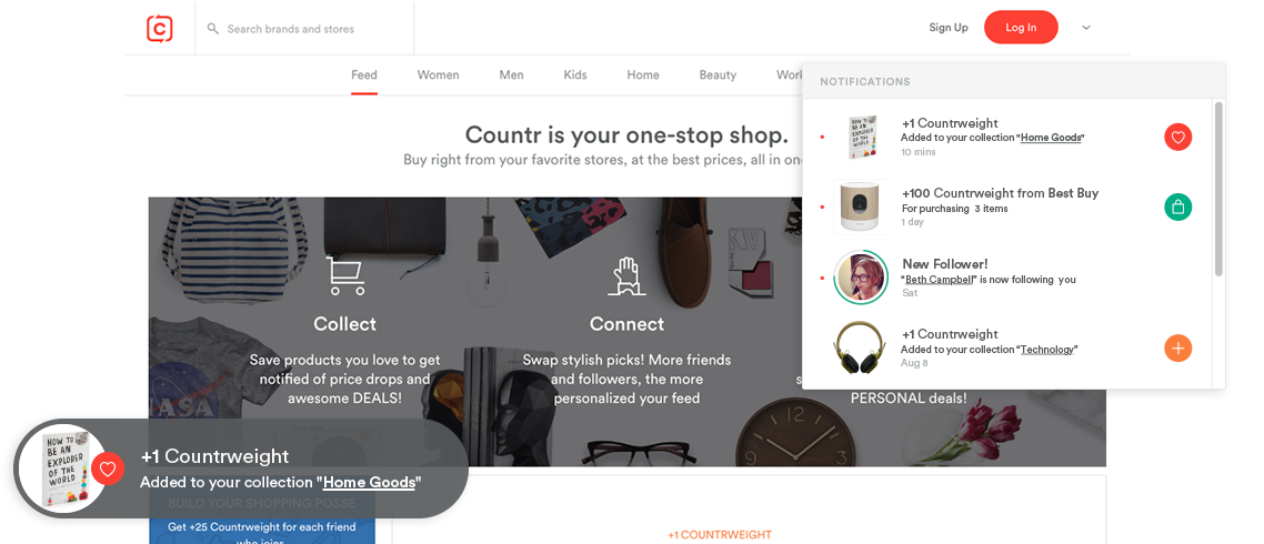 Countr product feed, cart, and growl notification